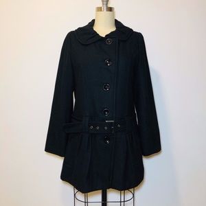DROPPED WAIST BLACK WOOL COAT